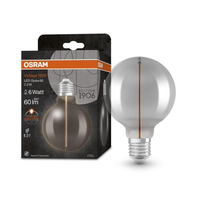 OSRAM E27 LED Vintage Rauchglas Filament Lampe Magnetic Style in Kugelform 2,2W wie 6W extra warmweißes Licht 1800K